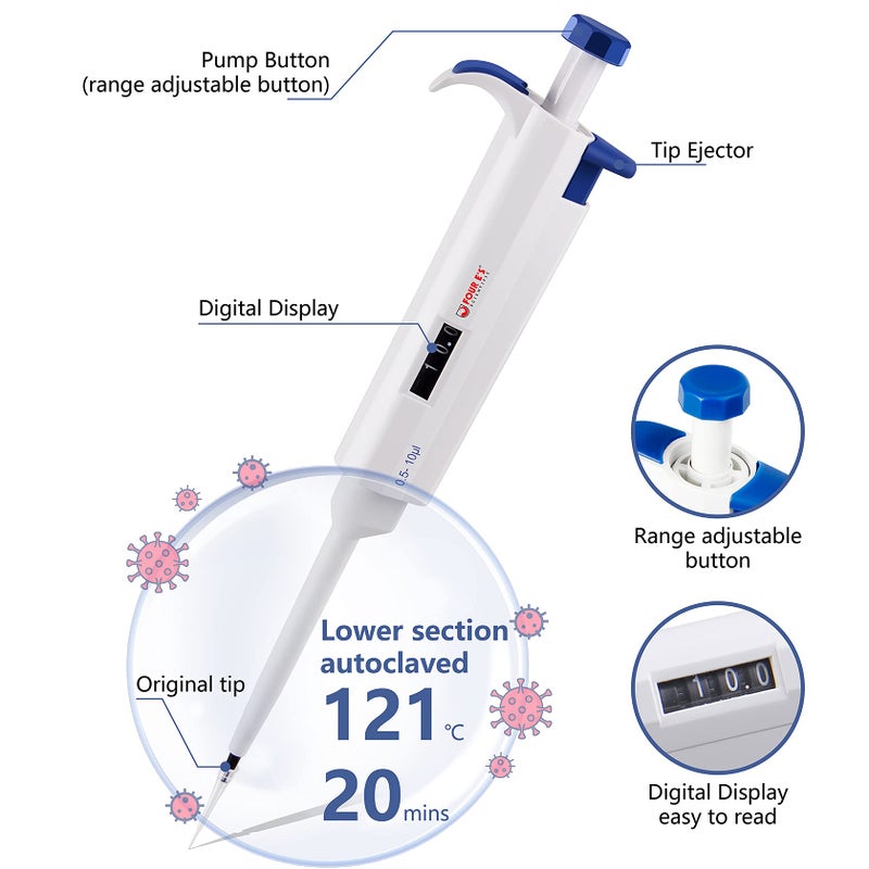 FOUR E'S SCIENTIFIC 0.5-10 uL Single-Channel Pipette Adjustable Variable Volume Micropipette High Accurate Pipettor for Laboratory, School - Image 4